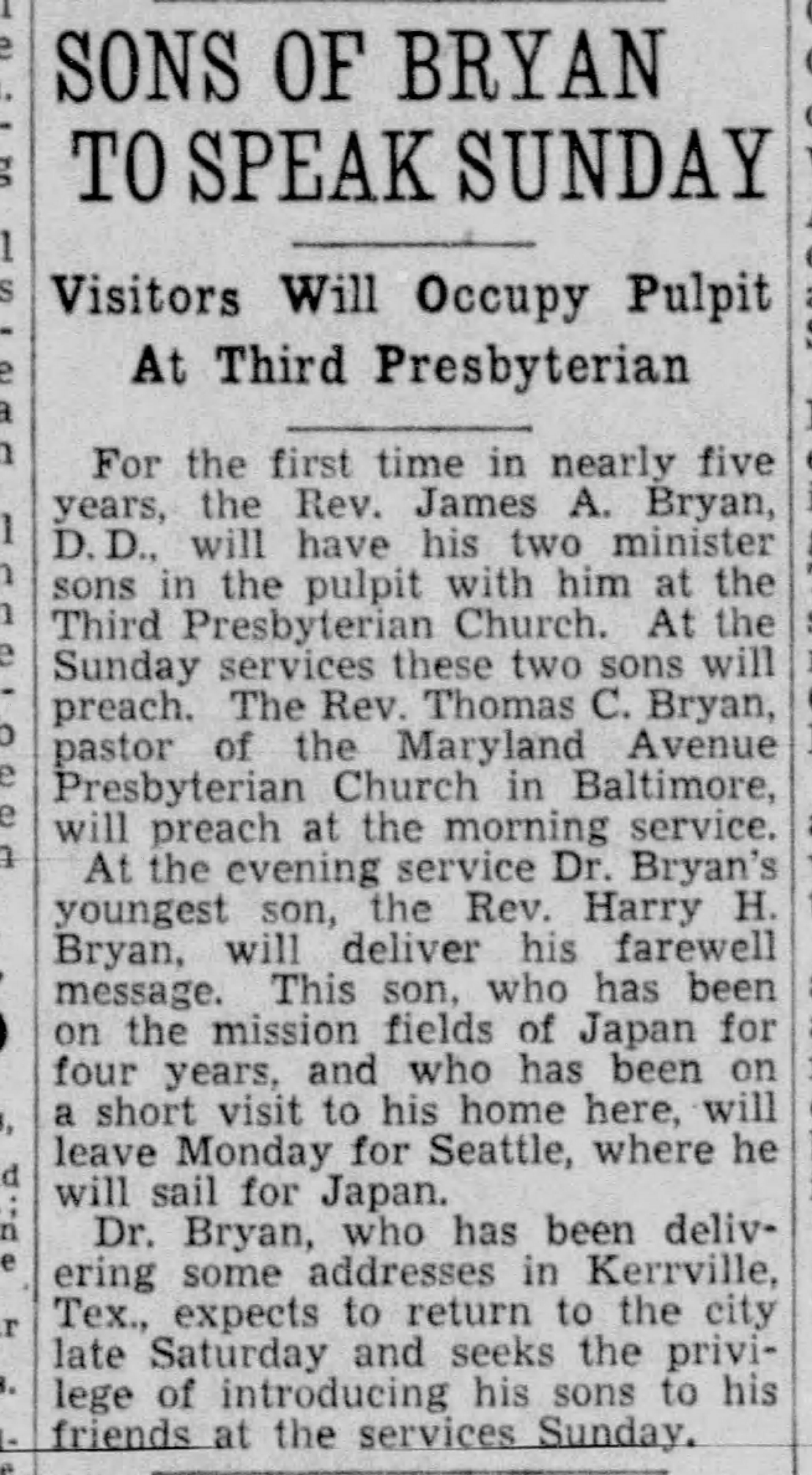 Sons Of Bryan To Speak Sunday